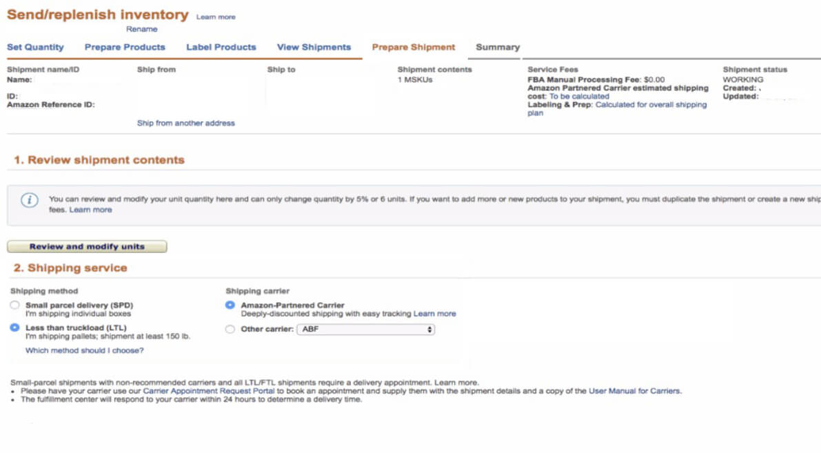Amazon FBA review shipment page