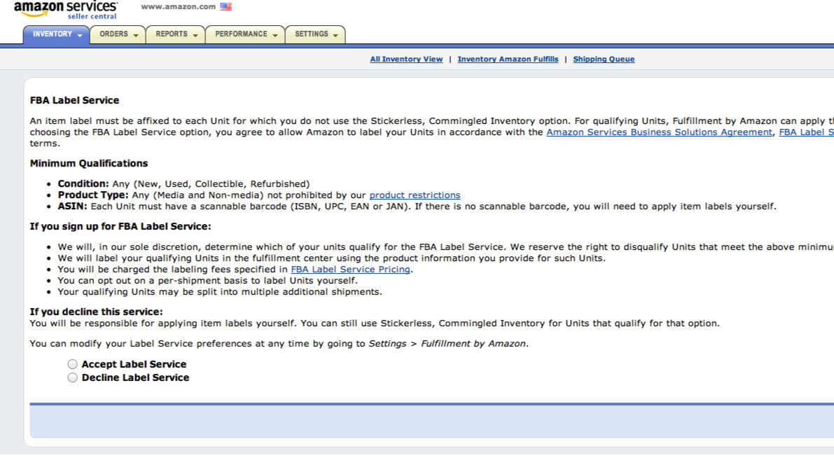 Amazon FBA label service page